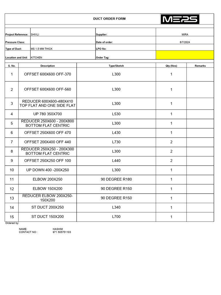 Duct Order Form for Kitchen Project | PDF