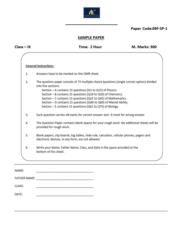 Class IX Sample Paper - Mittal Classes | PDF