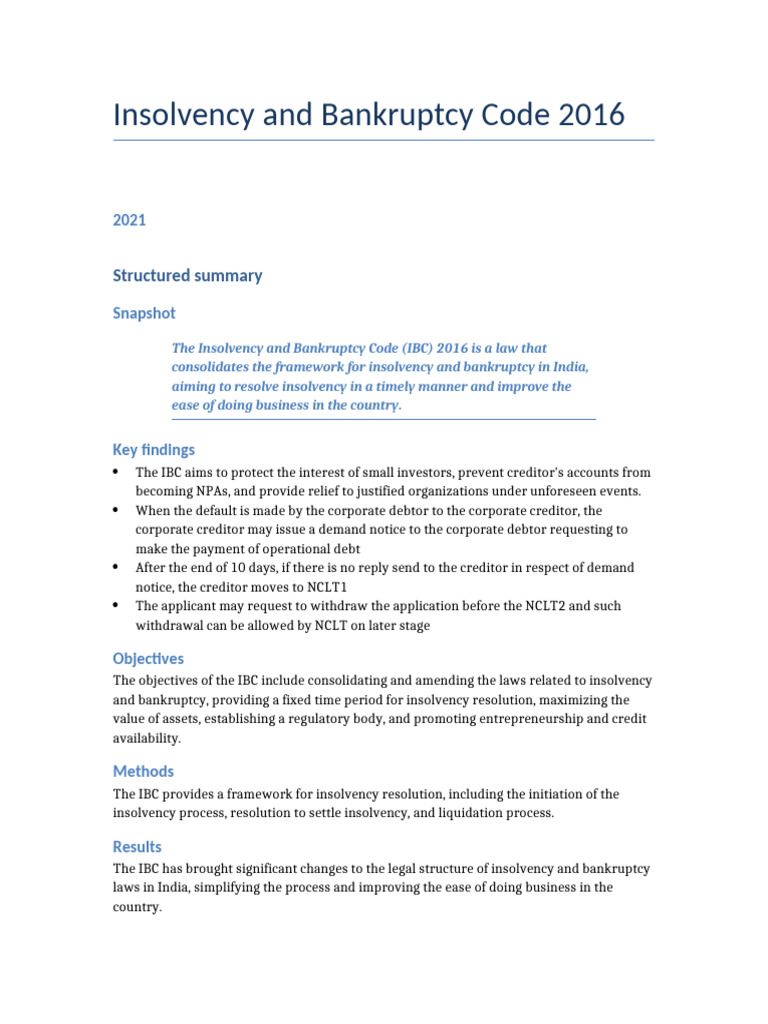 Overview of Insolvency and Bankruptcy Code | PDF | Bankruptcy ...