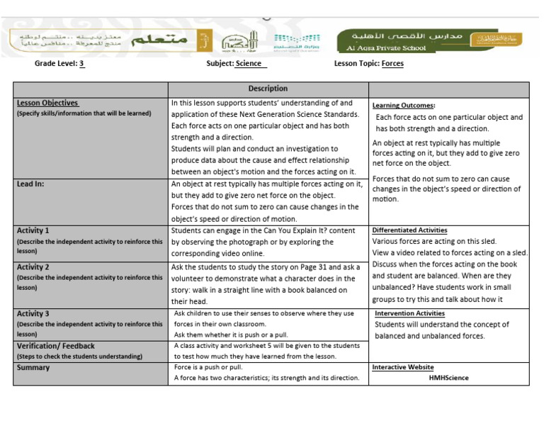 Grade 3 Weekly Lesson Plan 2 Term 1 | PDF | Force | Cognitive Science