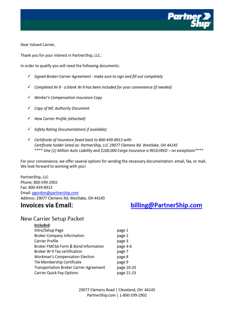 Partnership New Carrier Setup Packet | PDF | Cargo | Arbitration