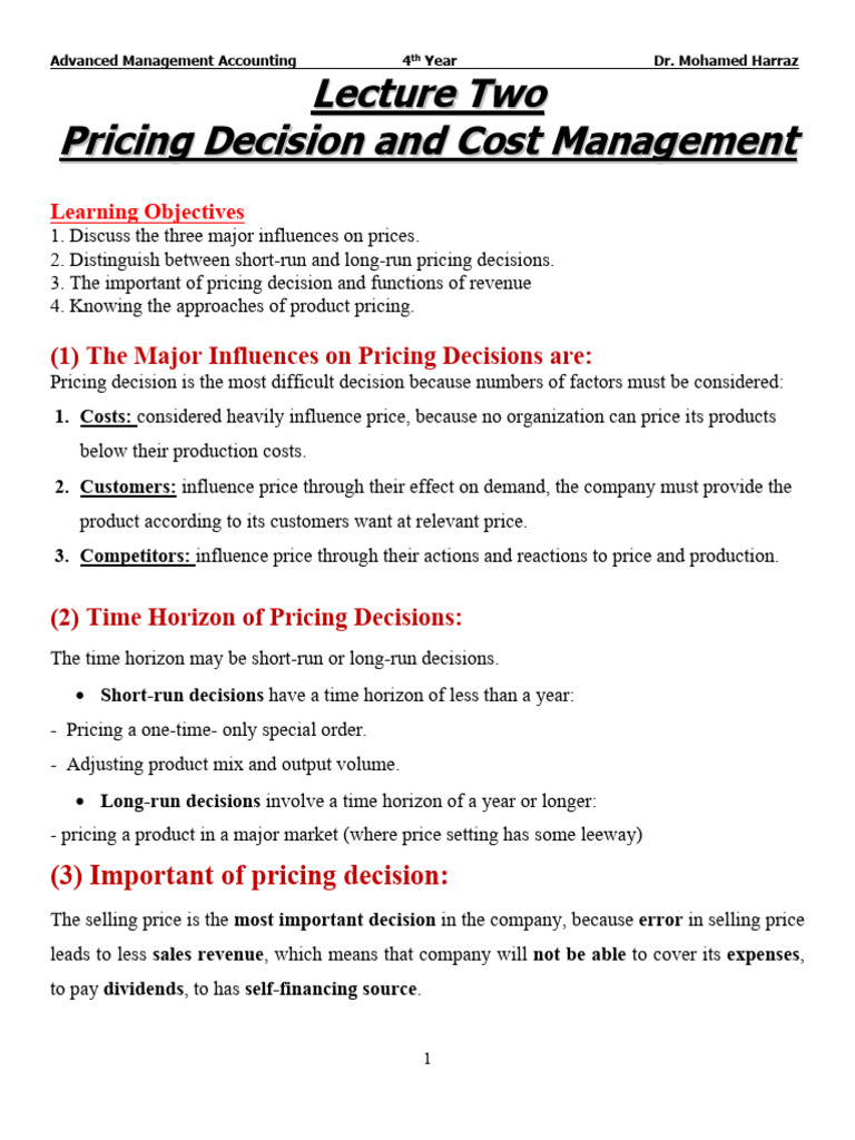 Pricing Decisions in Management Accounting | PDF | Pricing | Return On ...