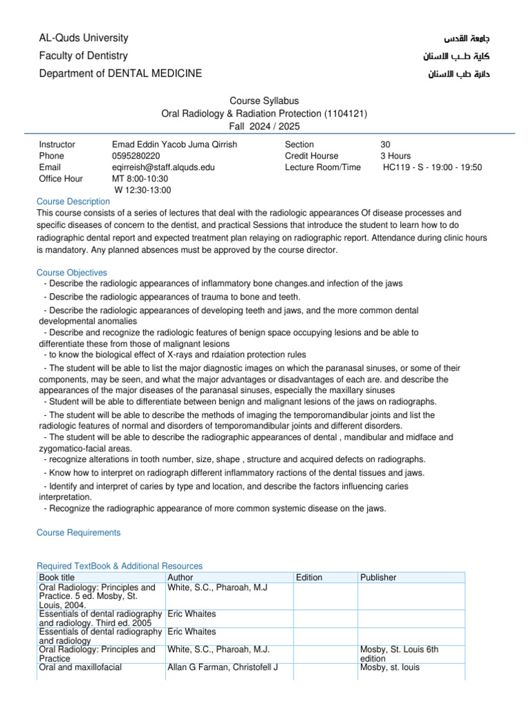 Course Outline Oral Radiology Radiation Protection Section 30
