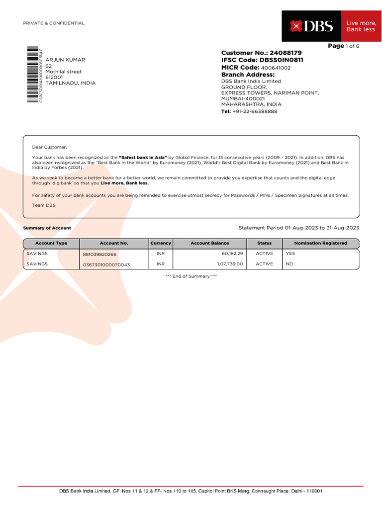 DBS Bank Account Statement Summary | PDF | Financial Services | Banking