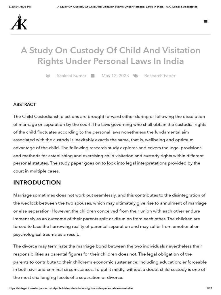 A Study On Custody of Child and Visitation Rights Under Personal Laws ...