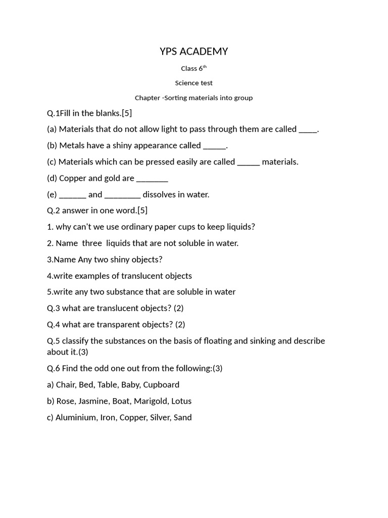 Material Sorting Test for 6th Grade | PDF | Technology & Engineering
