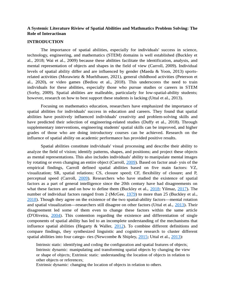 A Systemic Literature Riview of Spatial Abilities and Mathmatics ...