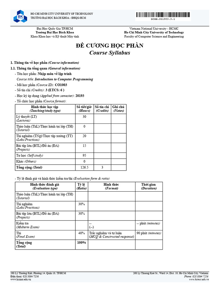 Đề Cương Môn Nhập Môn Lập Trình CO1003 | PDF