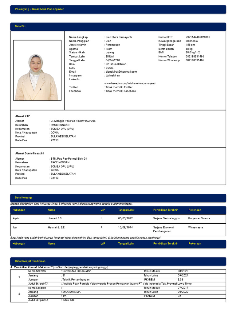 Posisi Yang Dilamar: Mine Plan Engineer: Alamat KTP | PDF
