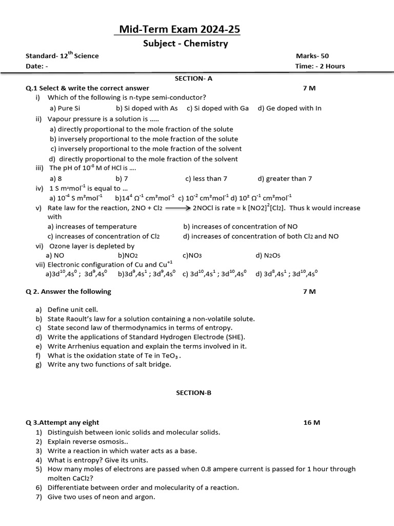 2024 Chemistry Mid-Term Exam Paper | PDF | Ph | Chemical Reactions