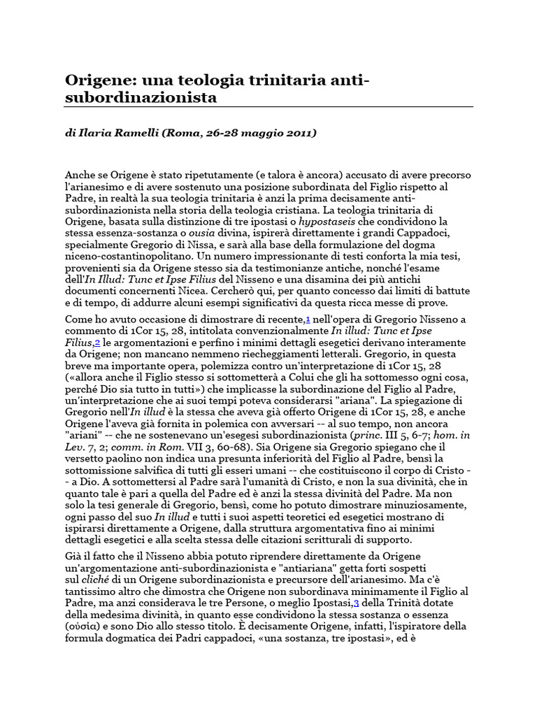 I.Ramelli, Origene. Una Teologia Trinitaria Anti-Subordinazionista | PDF