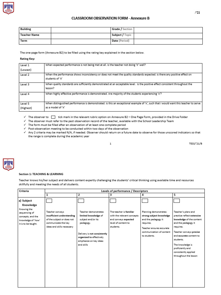 3. Annexure B - Classroom Observation Form FPS (1) | PDF | Teachers ...