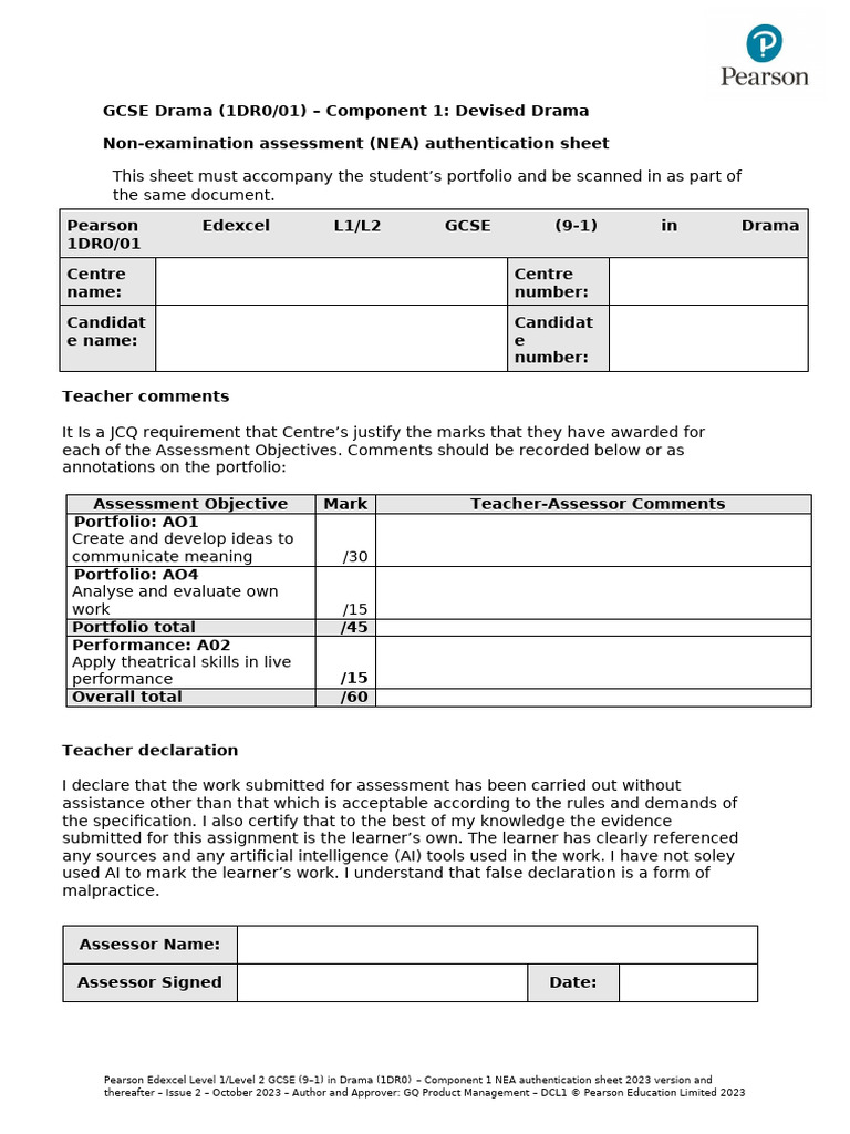 1dr0 01 Nea Authentication Sheet 2023 2024 Version 1 | PDF | Learning ...