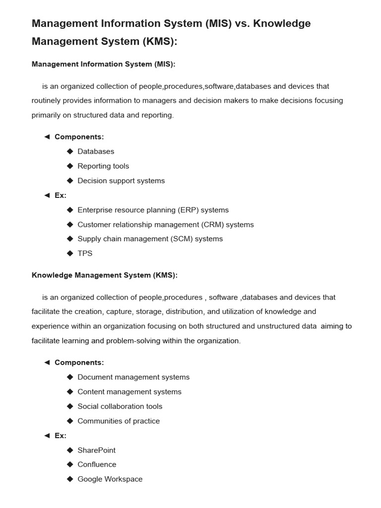 MIS vs. KMS: Key Differences Explained | PDF | Decision Support System ...