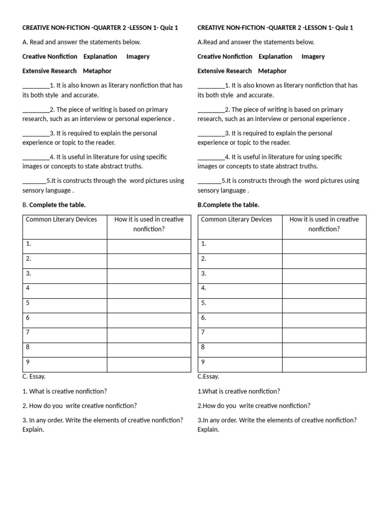 CNF Q2 Lesson1 Quiz1 | PDF | Creative Nonfiction | Non Fiction