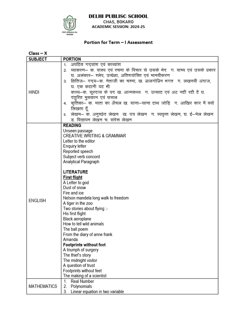 10 class x portion for term i assessment pdf equations