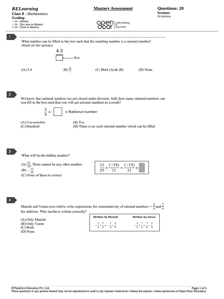 Class 8 Mathematics Mastery Assessment | PDF