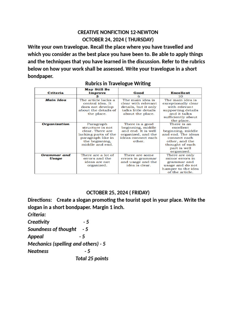 Travelogue and Slogan Assignment Guide | PDF
