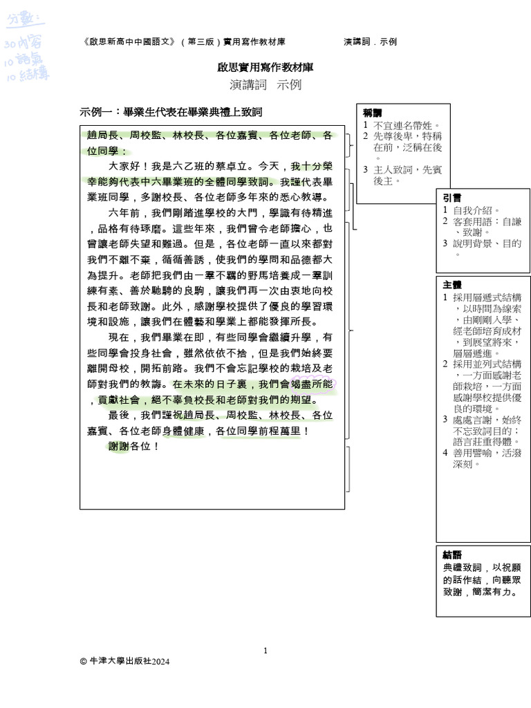 2024-2025 實用文寫作 演講辭 寫作示例 | PDF