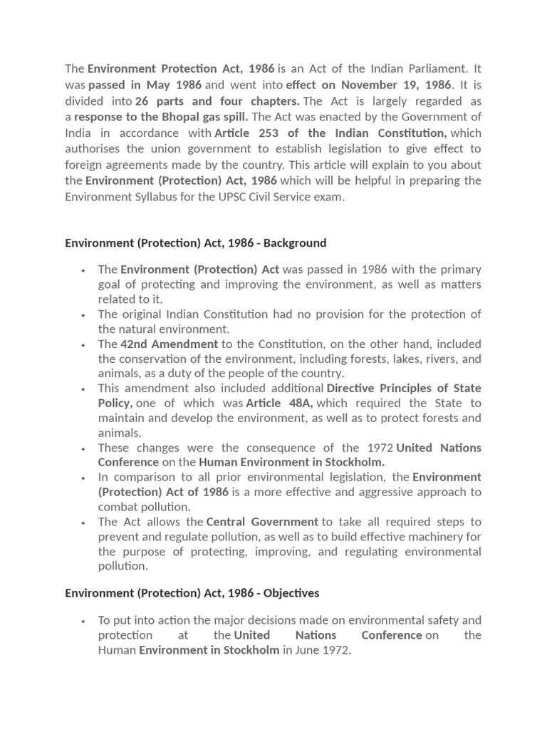 Overview of the Environment Act, 1986 | PDF | Environmental Protection ...