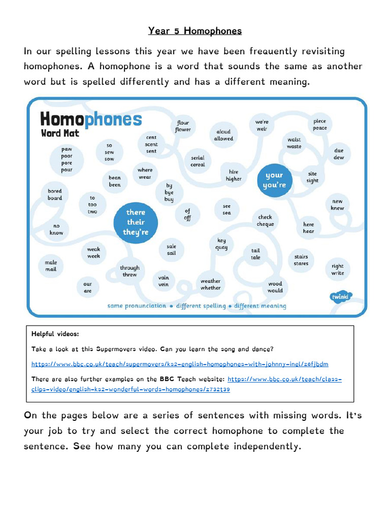 Year 5 Homophones Practice Exercises | PDF