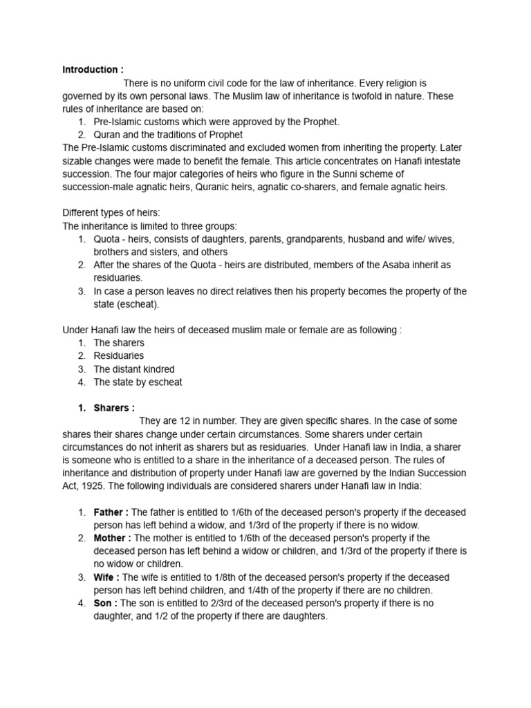 Hanafi Inheritance Law Overview | PDF | Inheritance | Kinship And Descent