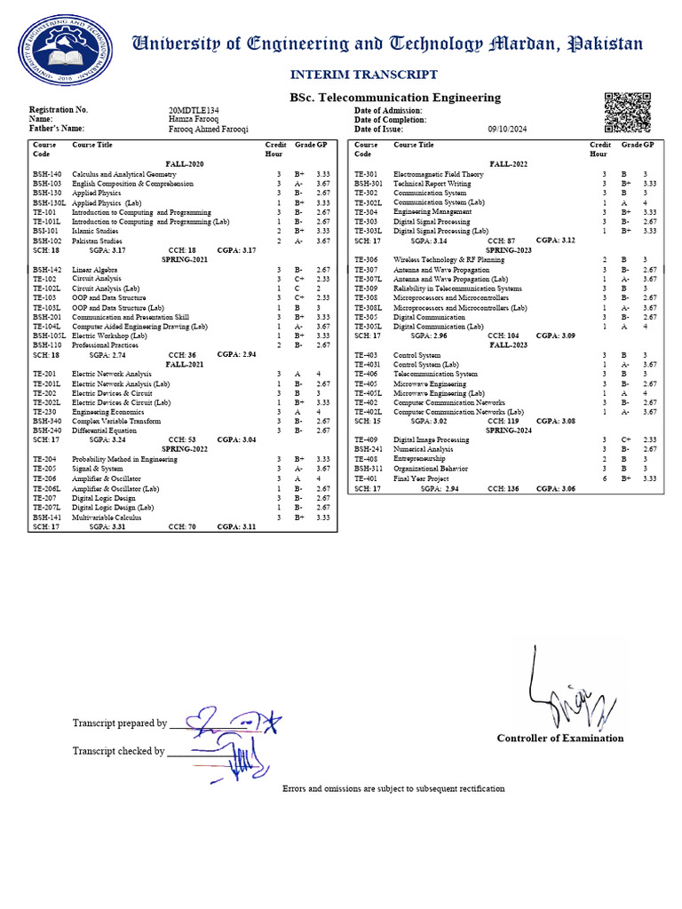 BSc Telecommunication Engineering Transcript | PDF | Communications ...