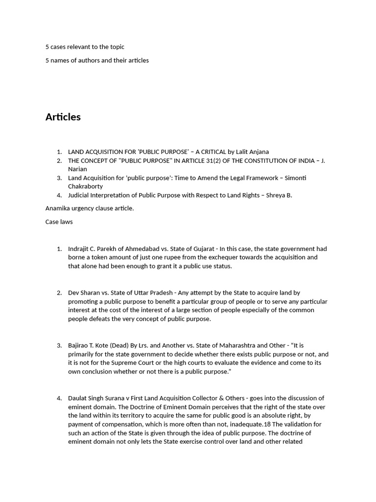 Land Acquisition and Public Purpose Cases | PDF | Eminent Domain ...