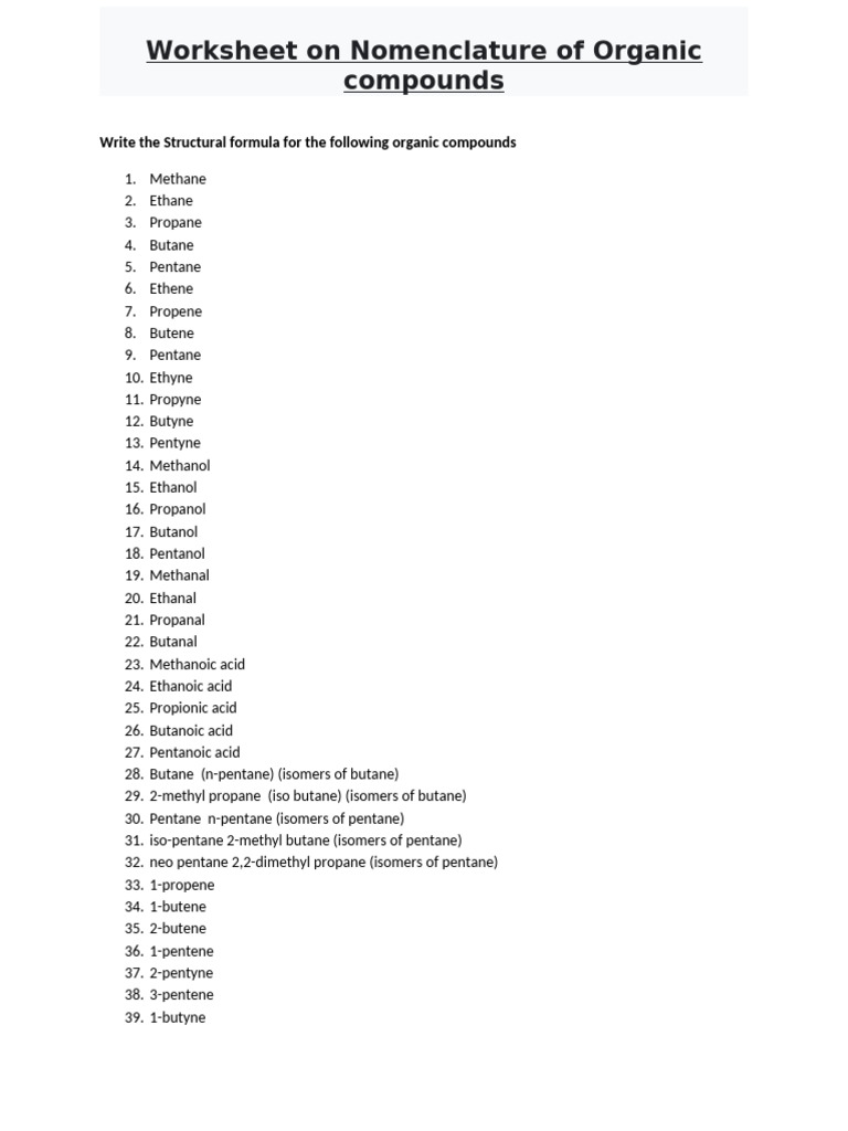 Organic Compounds Nomenclature Worksheet | PDF | Ethanol | Methanol
