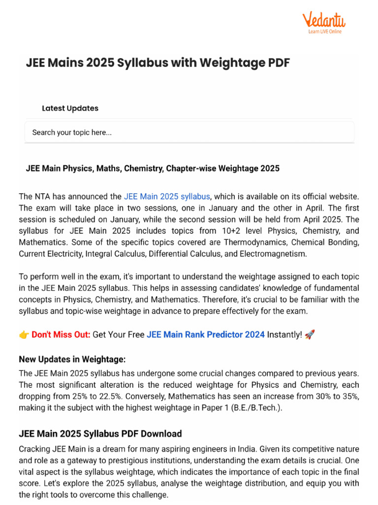 JEE Mains 2025 Syllabus With Weightage PDF | PDF