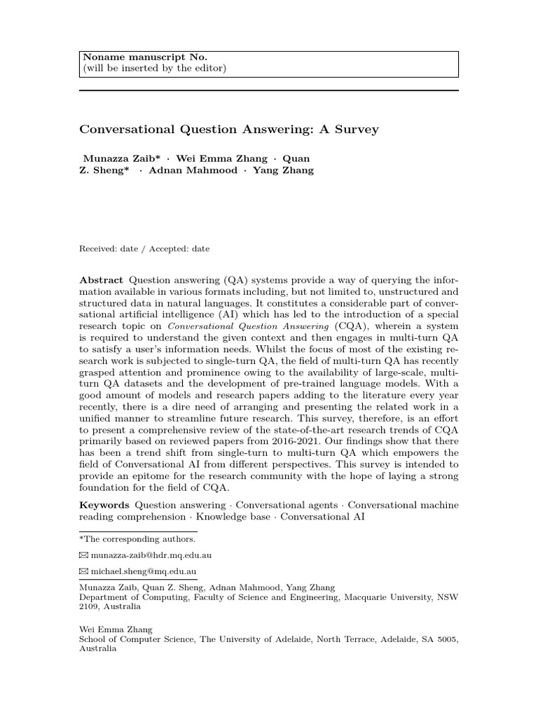 Conversational Question Answering: A Survey: Noname Manuscript No | PDF ...