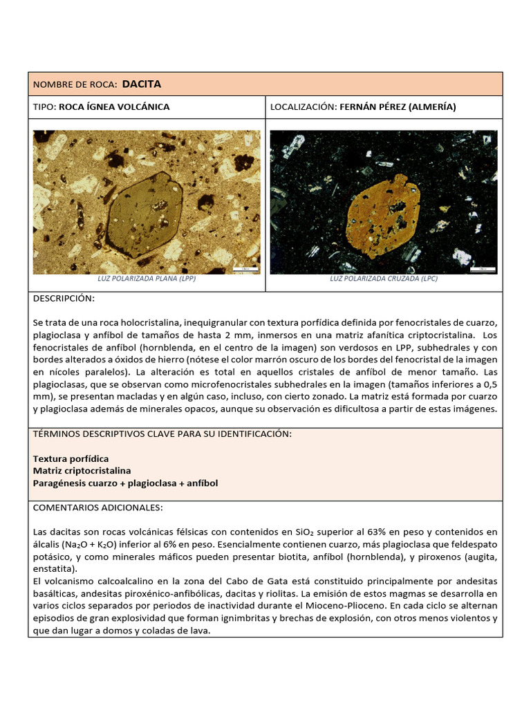 Dacita: Roca Holocristalina Volcánica | PDF
