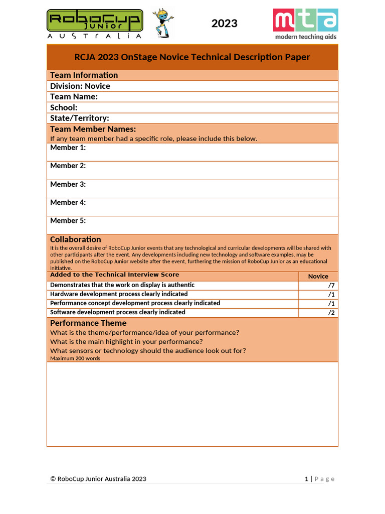 Official 2023 RCJA OnStage Novice Technical Description Paper METC | PDF