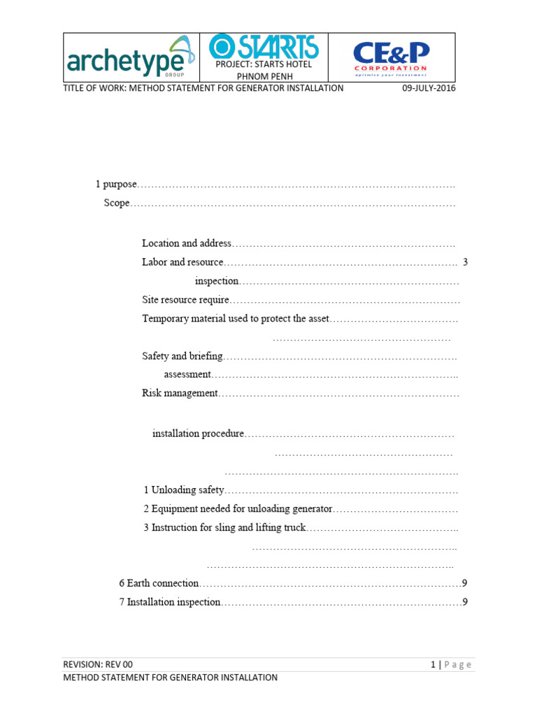 Generator Installation Method Statement | PDF | Elevator | Engines