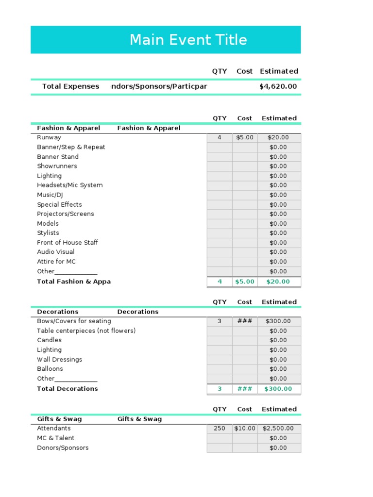 Main Event Title: QTY Cost Estimated Total Expenses Vendors/Sponsors ...