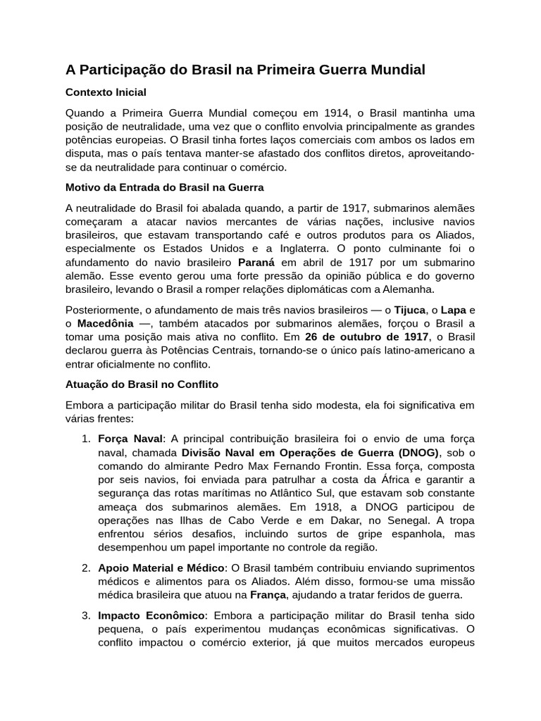 A Participação Do Brasil Na Primeira Guerra Mundial | PDF | Primeira ...