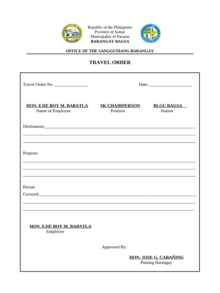 Barangay Bagsa Travel Order Template | PDF | Career & Growth