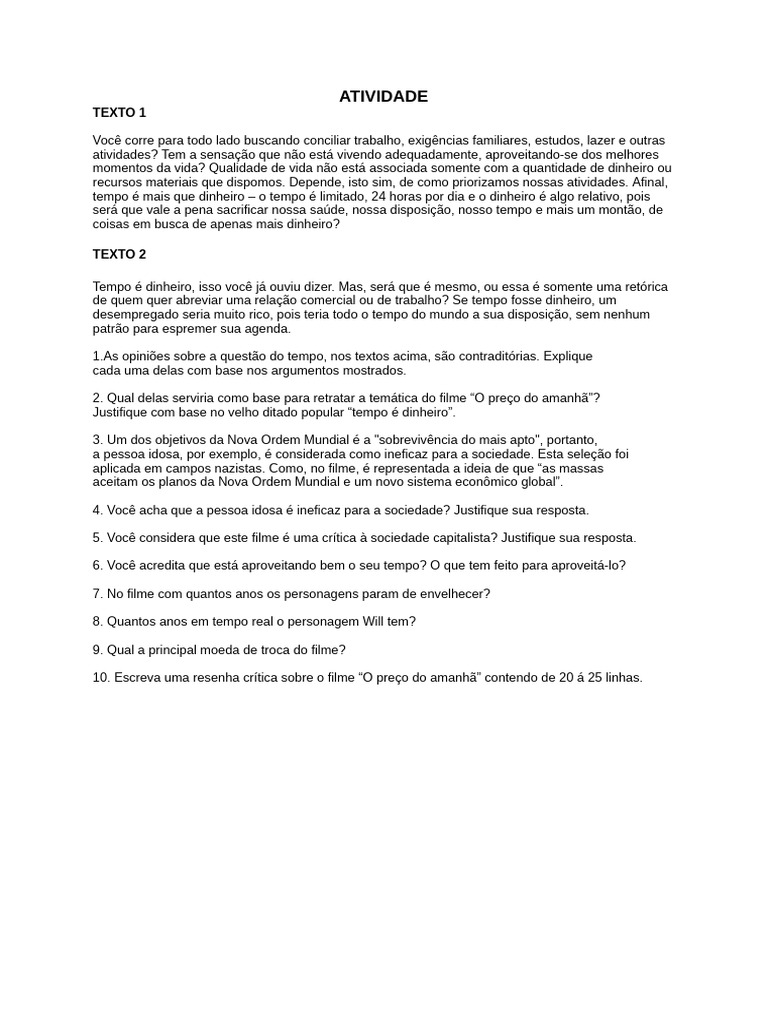 Atividade sobre "O Preço do Amanhã" | PDF | Carreira e Crescimento