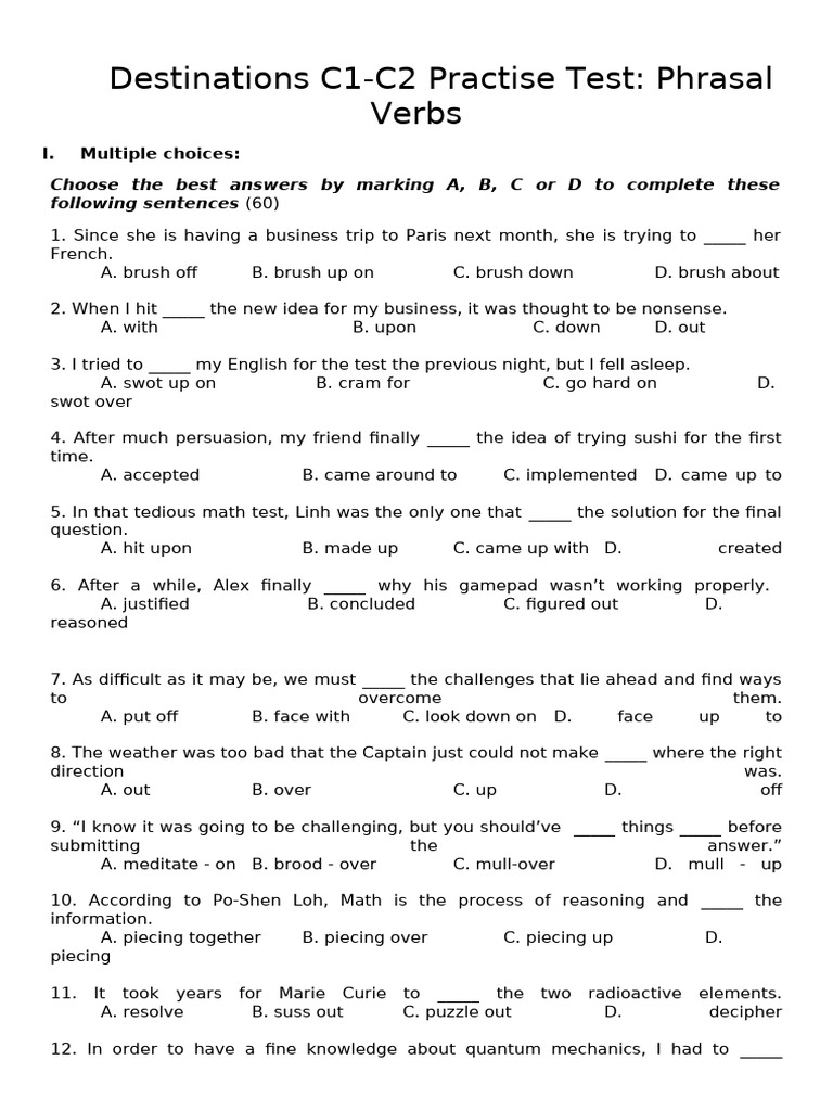 C1-C2 Phrasal Verbs Practice Test | PDF