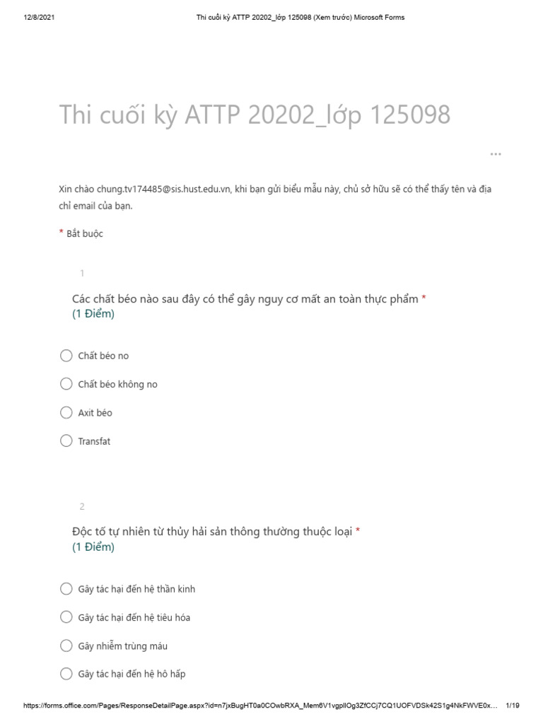 Thi cuối kỳ ATTP 20202 - lớp 125098 | PDF