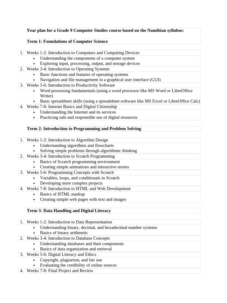 Year plan for a grade 9 computer studies course based on the namibian