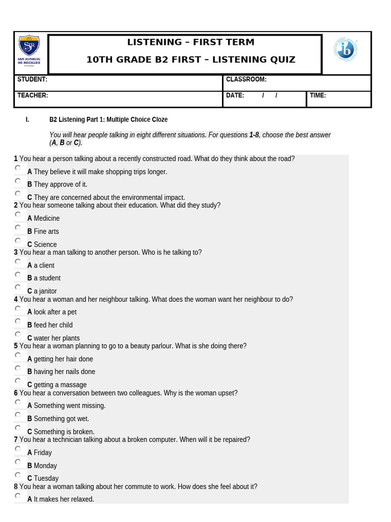 B2 Listening Quiz: Multiple Choice Practice | PDF | Foreign Language ...