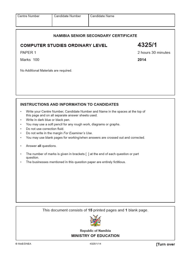 Namibia Grade 11 Computer Studies Exam | PDF | Computer File | Spreadsheet