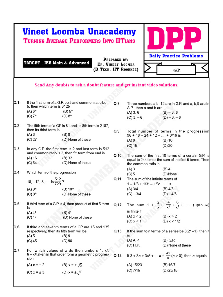 JEE Practice Problems on Geometric Progression | PDF | Mathematical ...