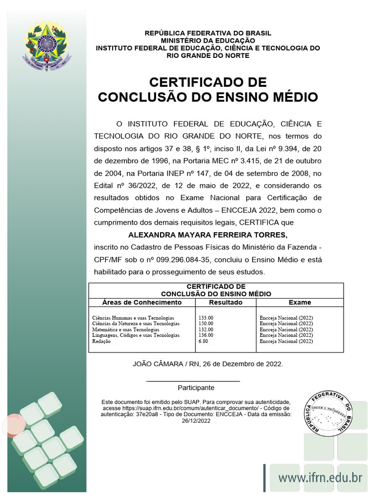 Certificado de Conclusão do Ensino Médio | PDF