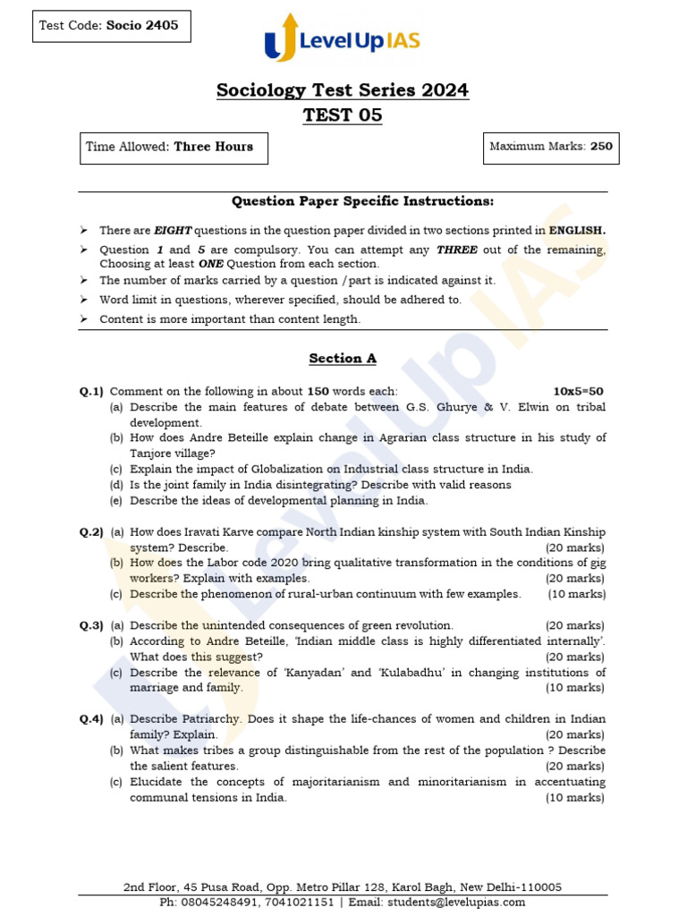 Sociology Test Series 2024 Questions | PDF | Sociology | Economies