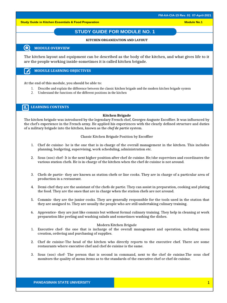 Kitchen Brigade Overview for Cooks | PDF | Chef | Foods