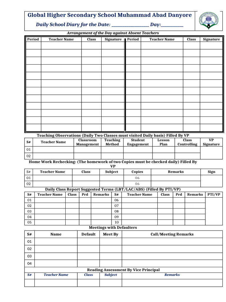 Daily School Diary Template for Teachers | PDF
