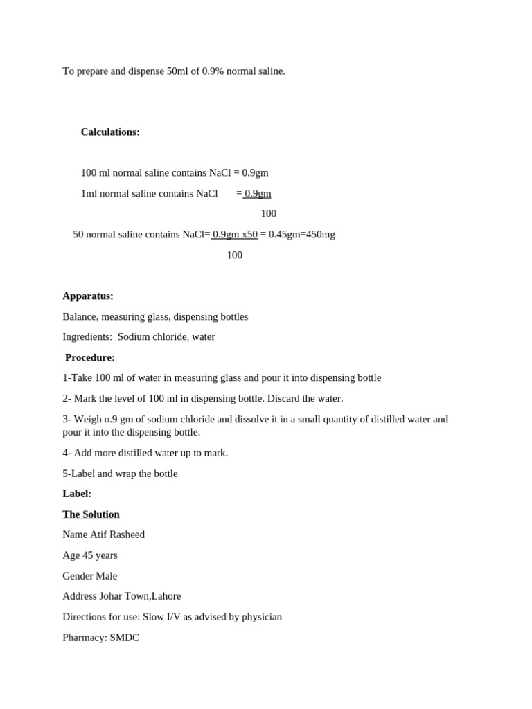 50ml of 0.9% Normal Saline | PDF | Cooking, Food & Wine