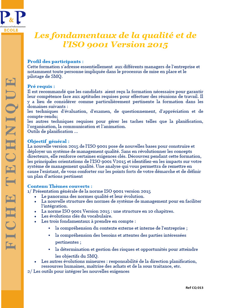 Formation ISO 9001 V2015 : Outils et Méthodes | PDF | Management de la ...